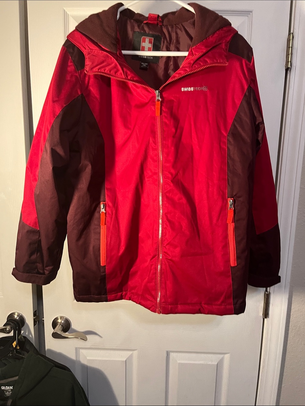 Swiss Tech Kids Red and Brown Hooded Rain Jacket with Orange Zippers